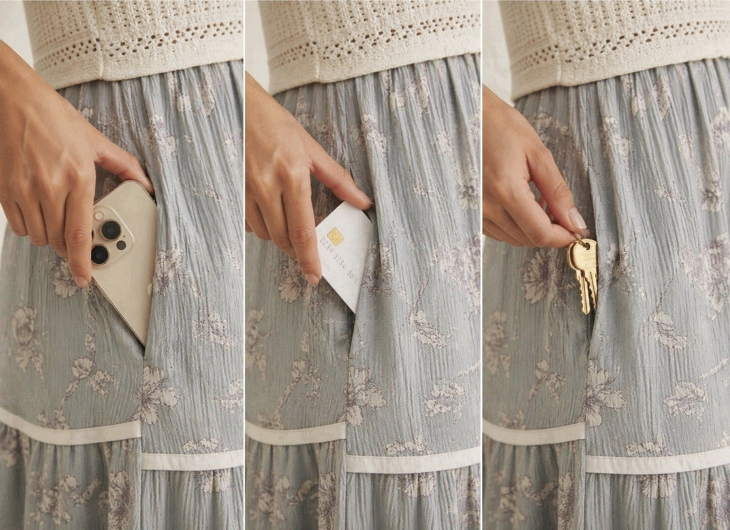 Women's ivory and dusty blue two-fer midi sundress, close-up of the pockets