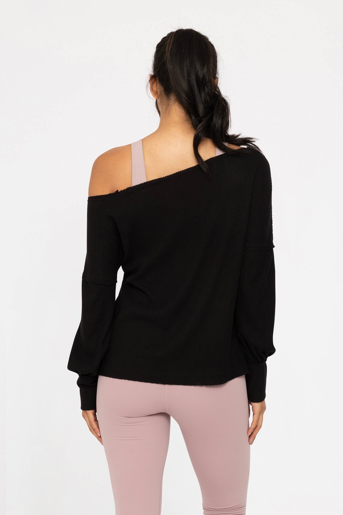 Women's long sleeve ribbed off-shoulder top, black, back view