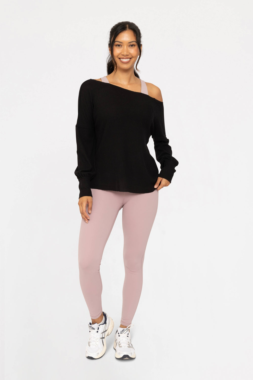 Women's long sleeve ribbed off-shoulder top, black, full length