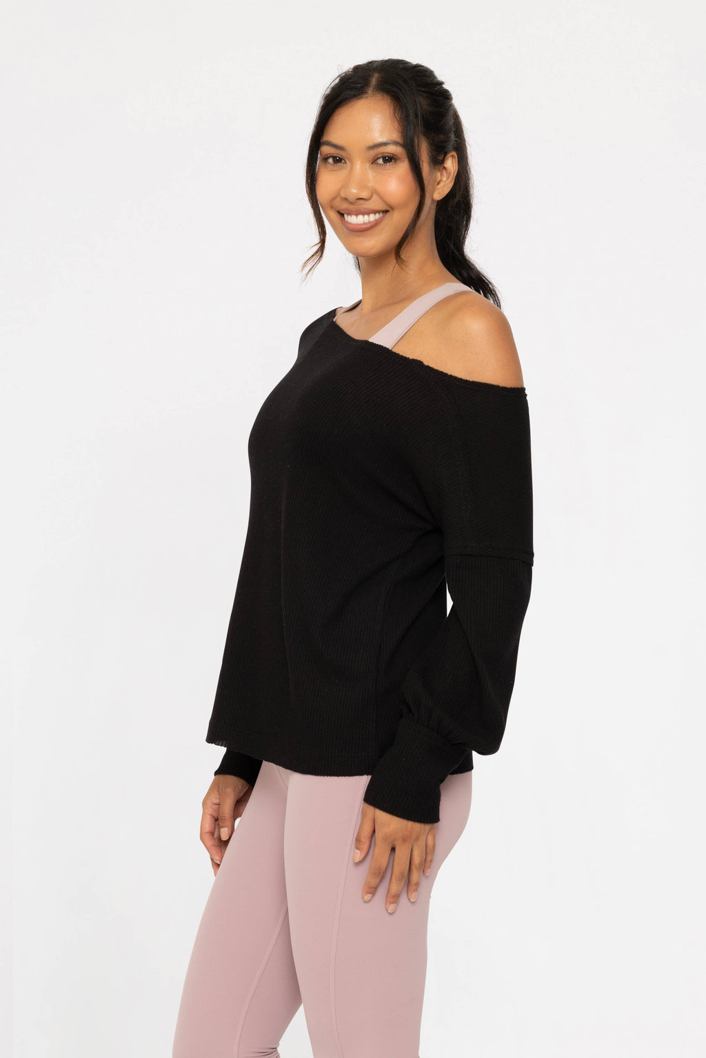 Women's long sleeve ribbed off-shoulder top, black, side view