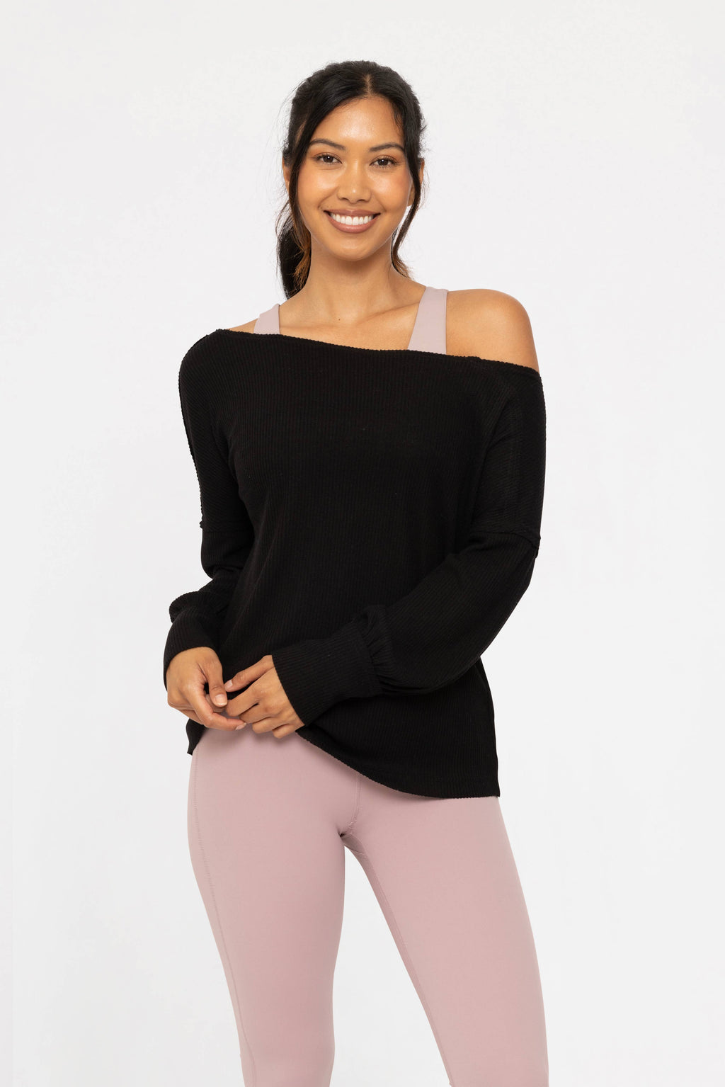 Women's long sleeve ribbed off-shoulder top, black, front view