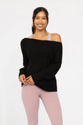 Women's long sleeve ribbed off-shoulder top, black, front view