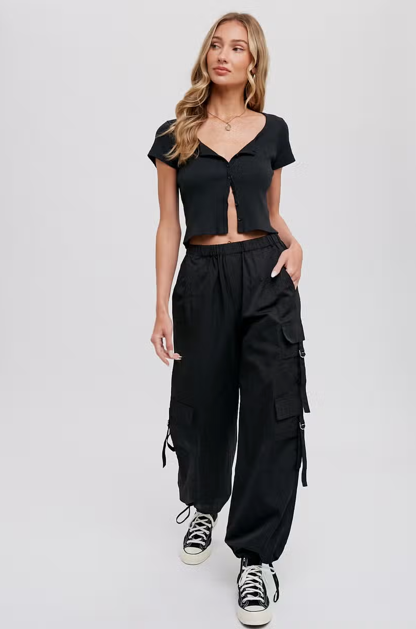 Women's parachute cargo pants, black, front view