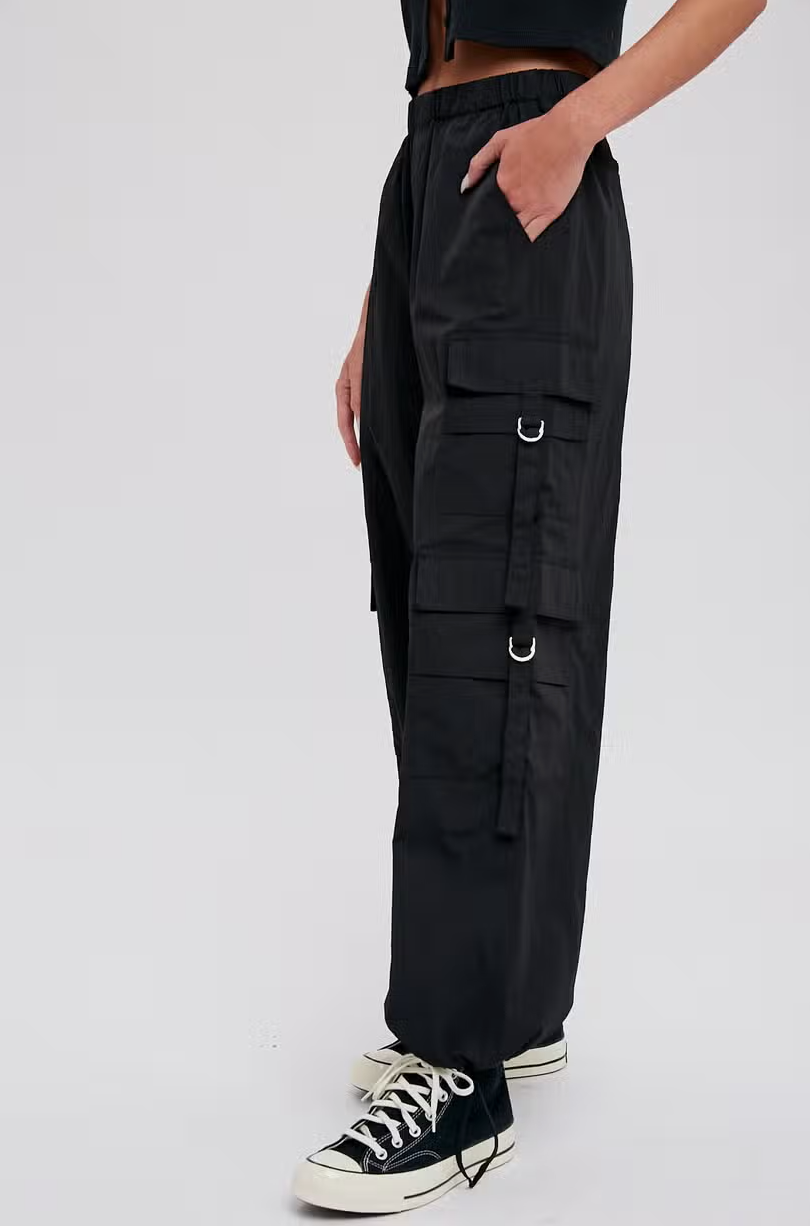 Women's parachute cargo pants, black, back view