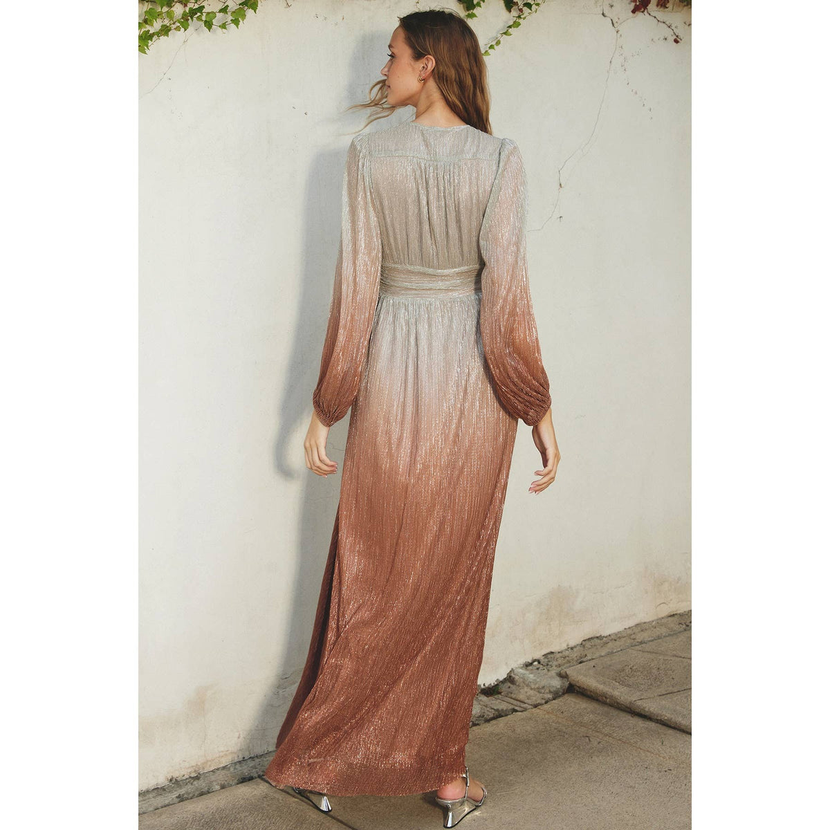 Women's ruched waist ombre maxi gown, starlight bronze, back view