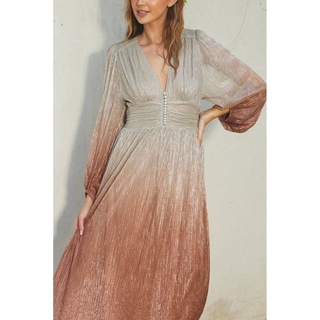 Women's ruched waist ombre maxi gown, starlight bronze, close up