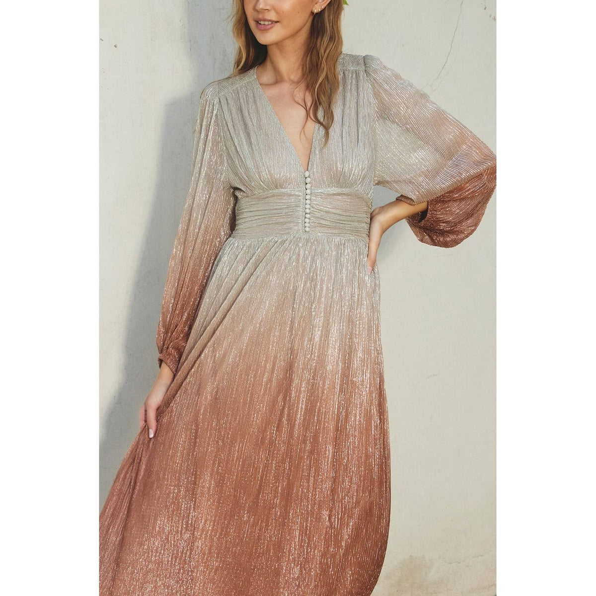 Women's ruched waist ombre maxi gown, starlight bronze, close up