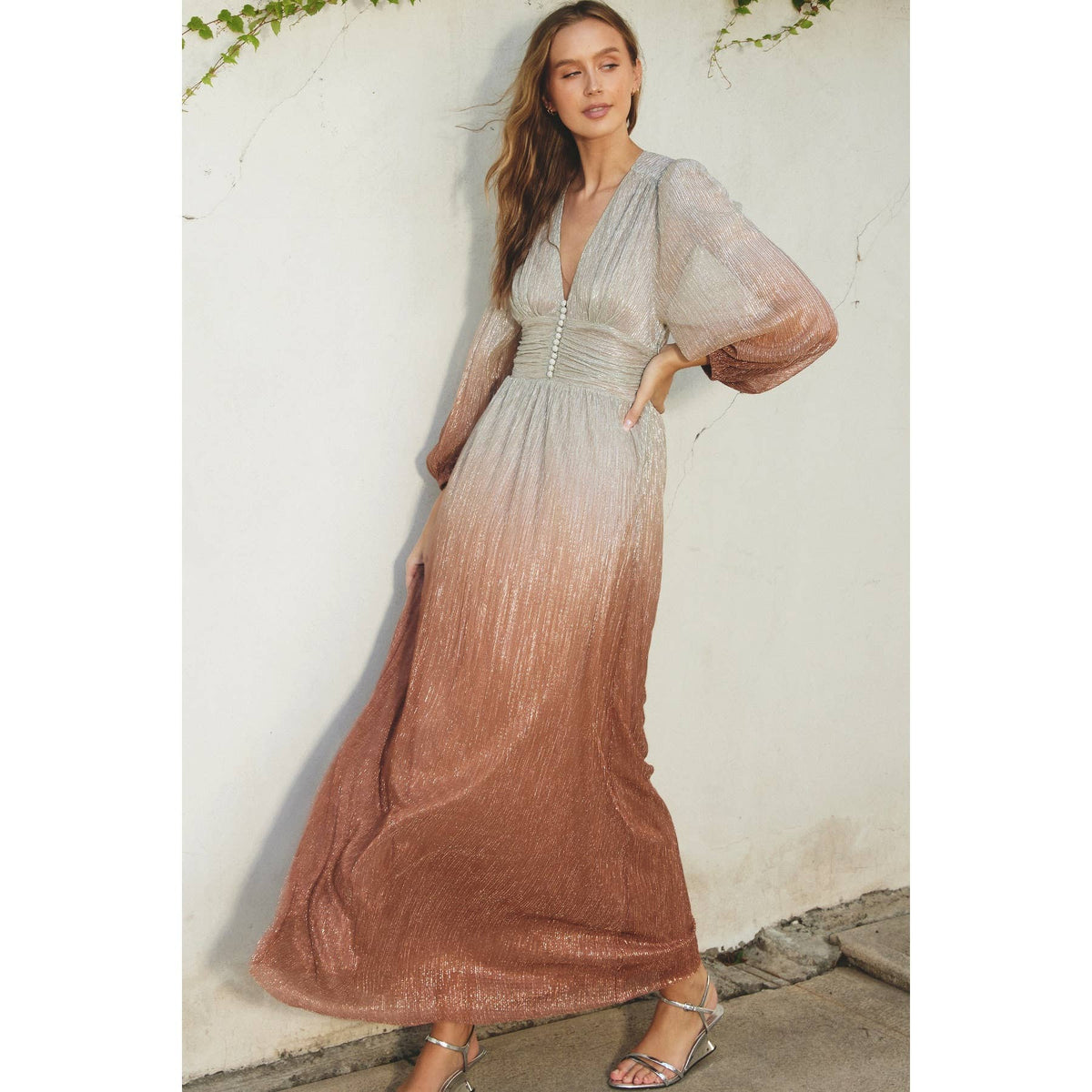 Women's ruched waist ombre maxi gown, starlight bronze, front full length