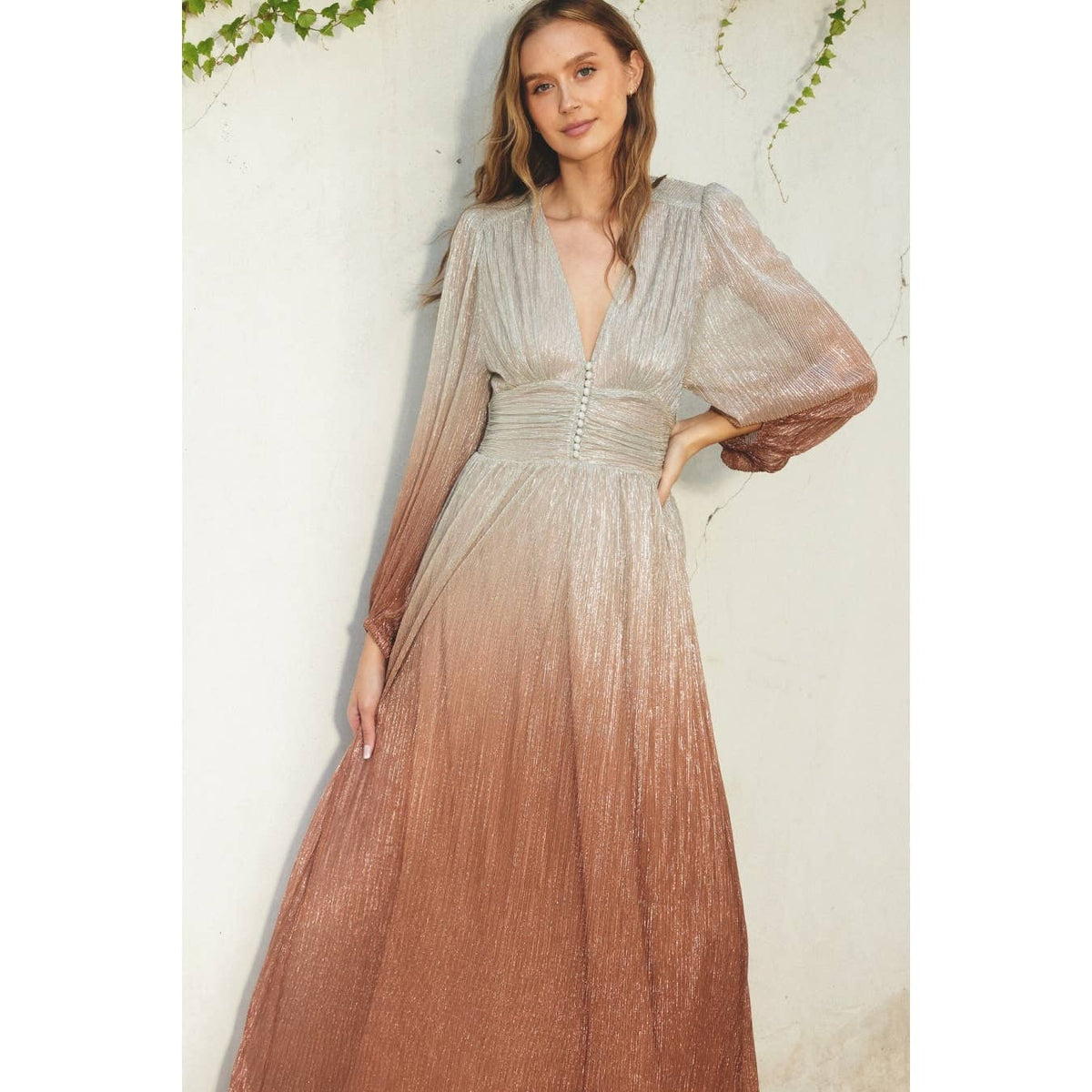 Women's ruched waist ombre maxi gown, starlight bronze, front walking