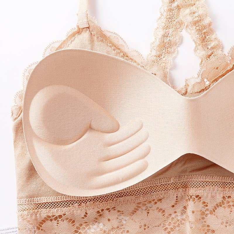 Women's floral lace wireless bralette, blush nude, padding detail