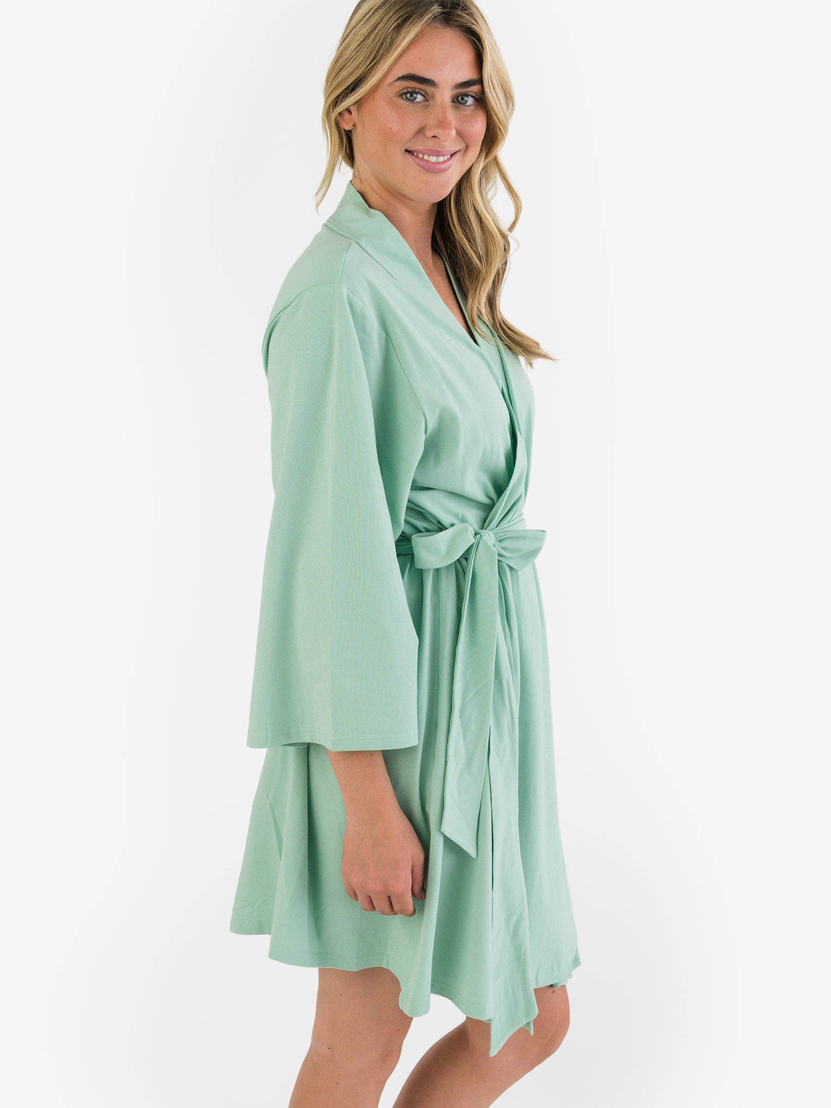 RuffleButts women's sage green bamboo maternity robe, side view