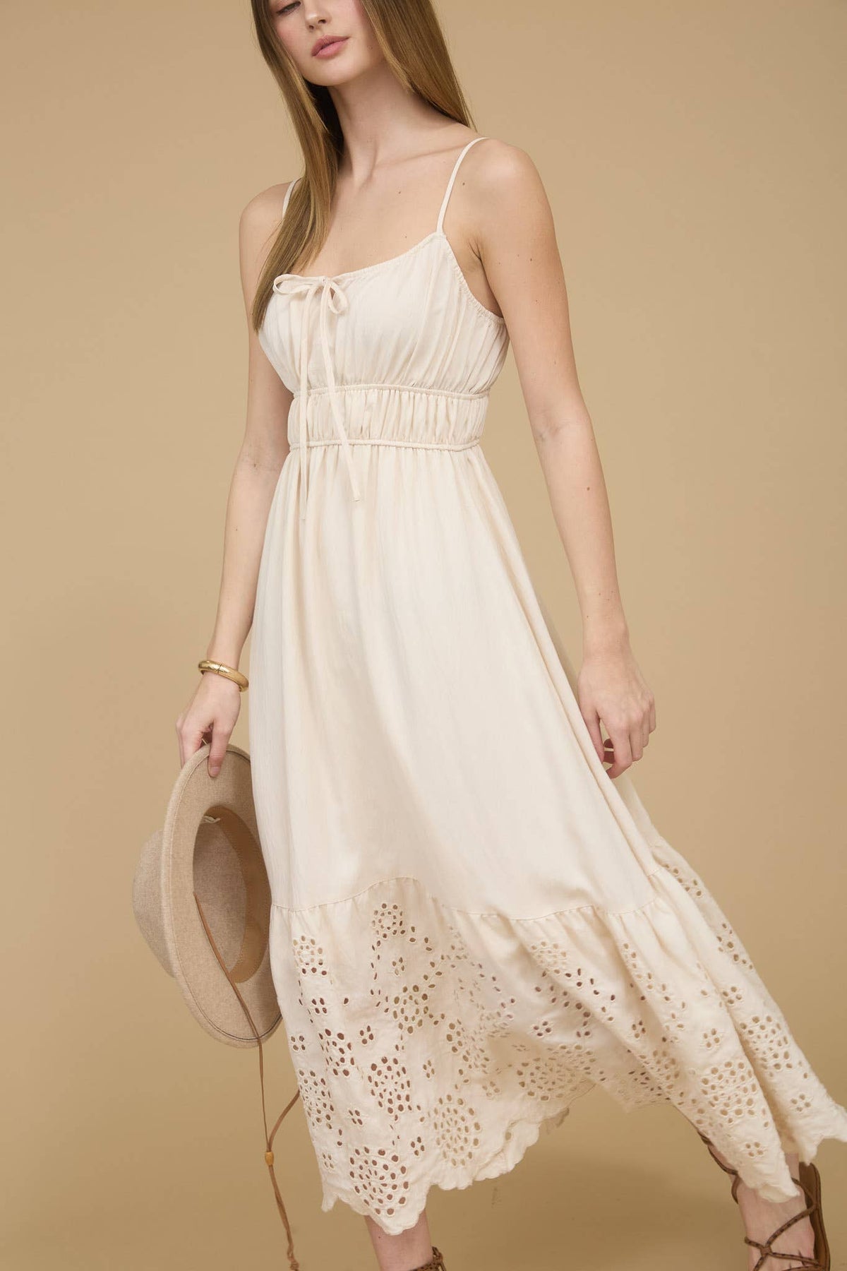 Women's scalloped eyelet lace hem midi sun dress, natural, side view
