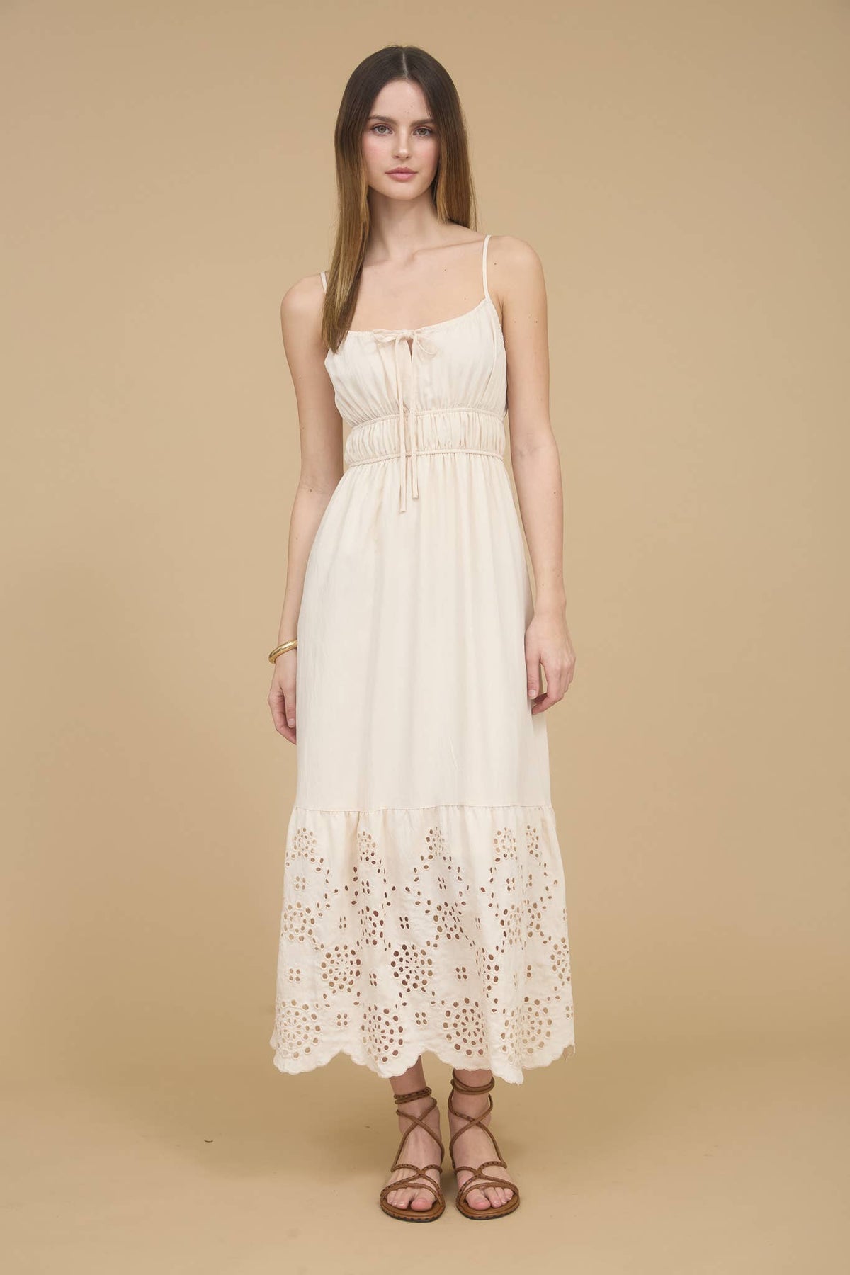 Women's scalloped eyelet lace hem midi sun dress, natural, front view