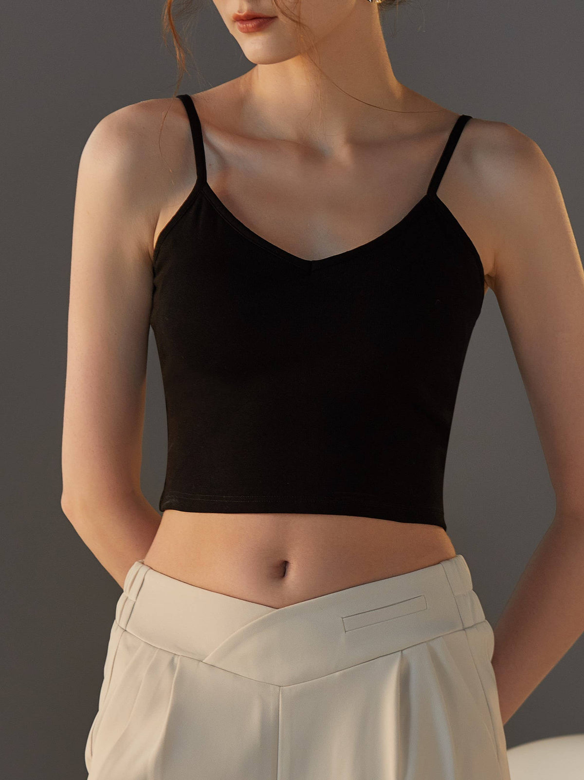 Women's built-in bra criss cross tank top, black, front angle