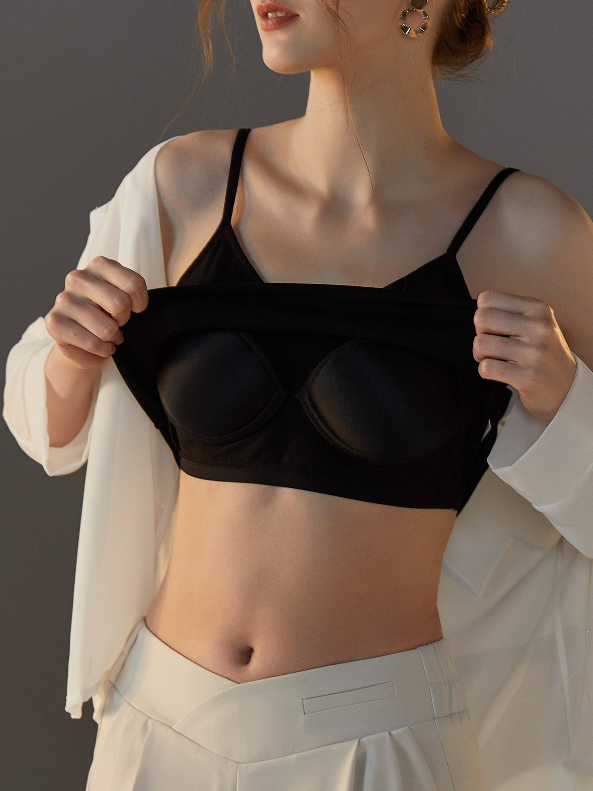Women's built-in bra criss cross tank top, black, front close