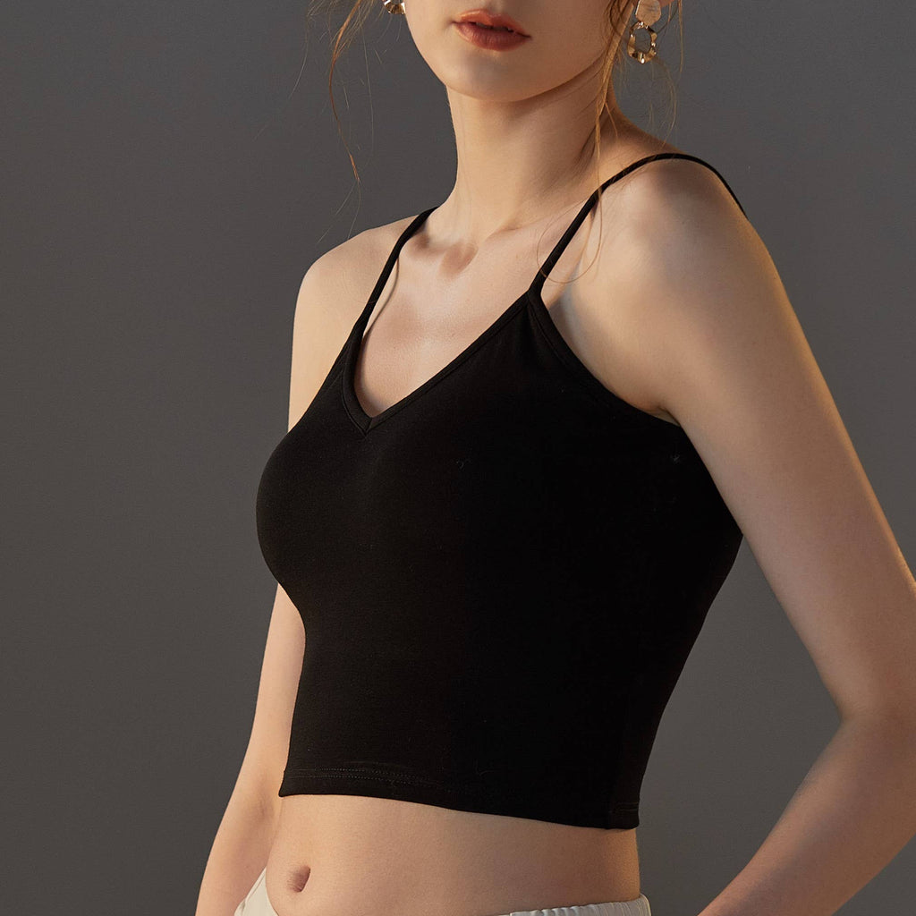 Women's built-in bra criss cross tank top, black, front view