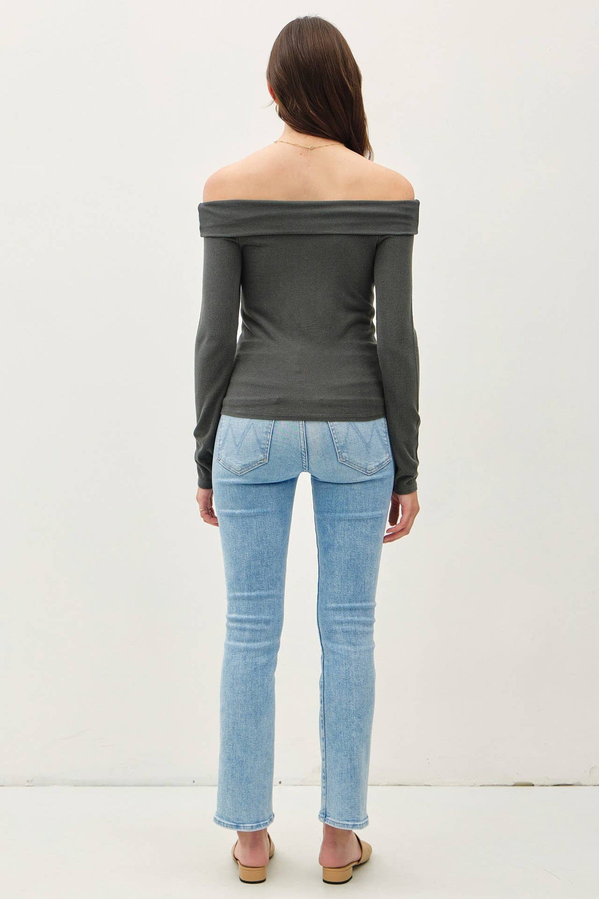 Women's off shoulder long sleeve fitted top, charcoal, back view