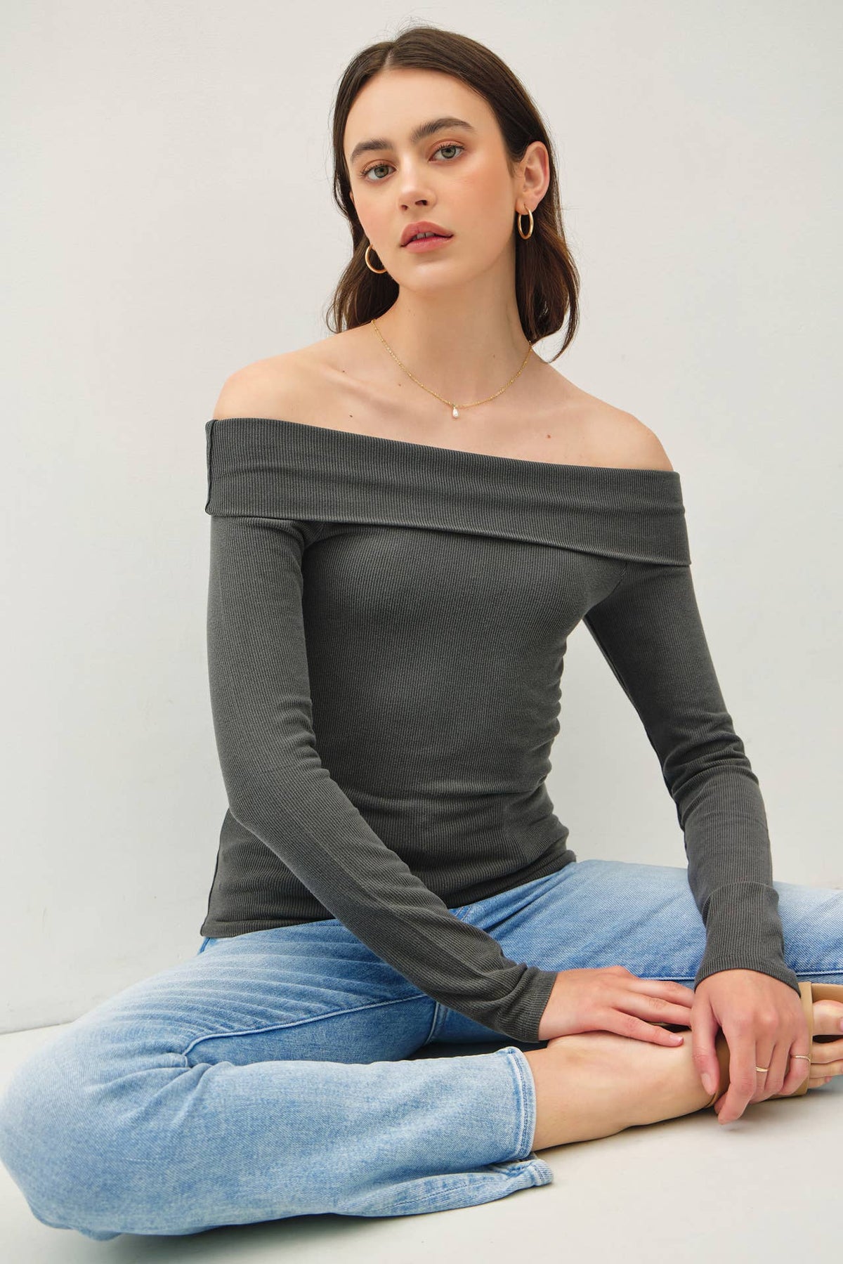 Women's off shoulder long sleeve fitted top, charcoal, front view