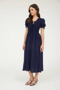 Women's V neck smocked tie front midi dress, navy, front angle