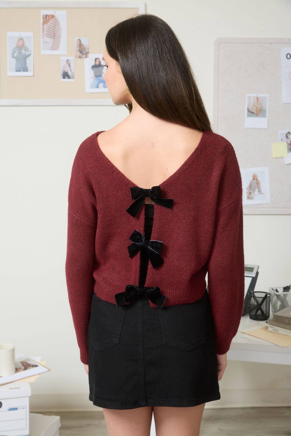 Women's reversible boat neck sweater with velvet bows, burgundy, back view close