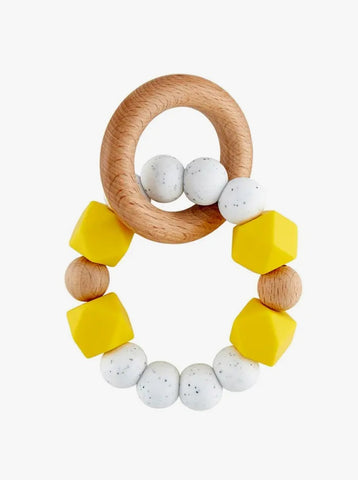 Teething Toy - Silicone & Wood Ring Nubby Teether, Yellow & White
