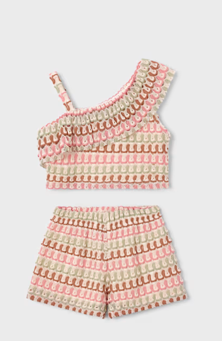 3225 Mini Girls Knit 2PC Assymeric Shoulder Crochet Knit Short Set - Tangerine
