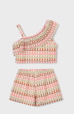 3225 Mini Girls Knit 2PC Assymeric Shoulder Crochet Knit Short Set - Tangerine