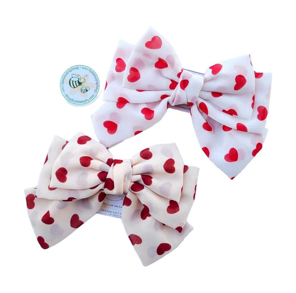 XL 7 inch red heart chiffon cheer bow hair clip, two bows