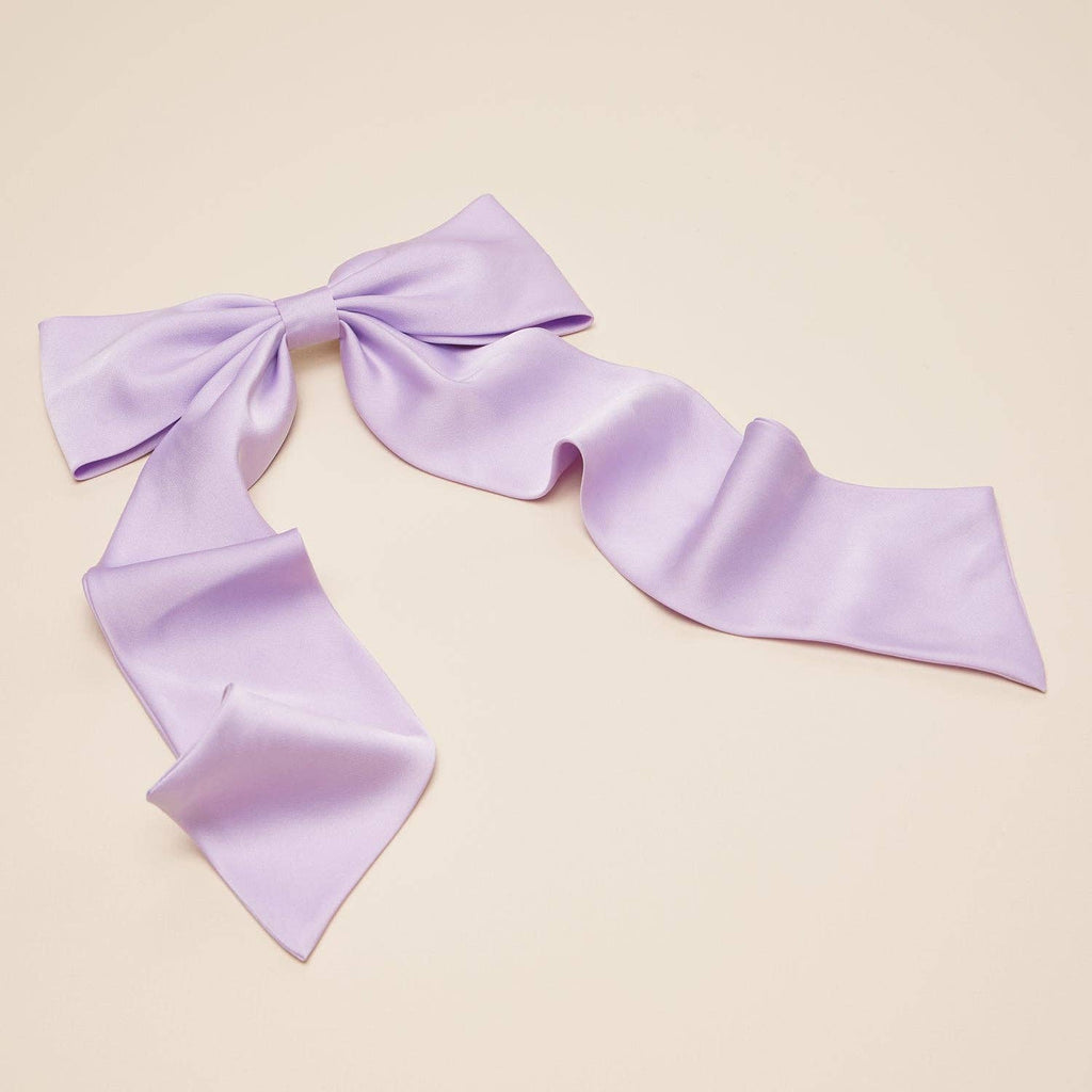 XL matte satin cheer bow hair clip, lavender side