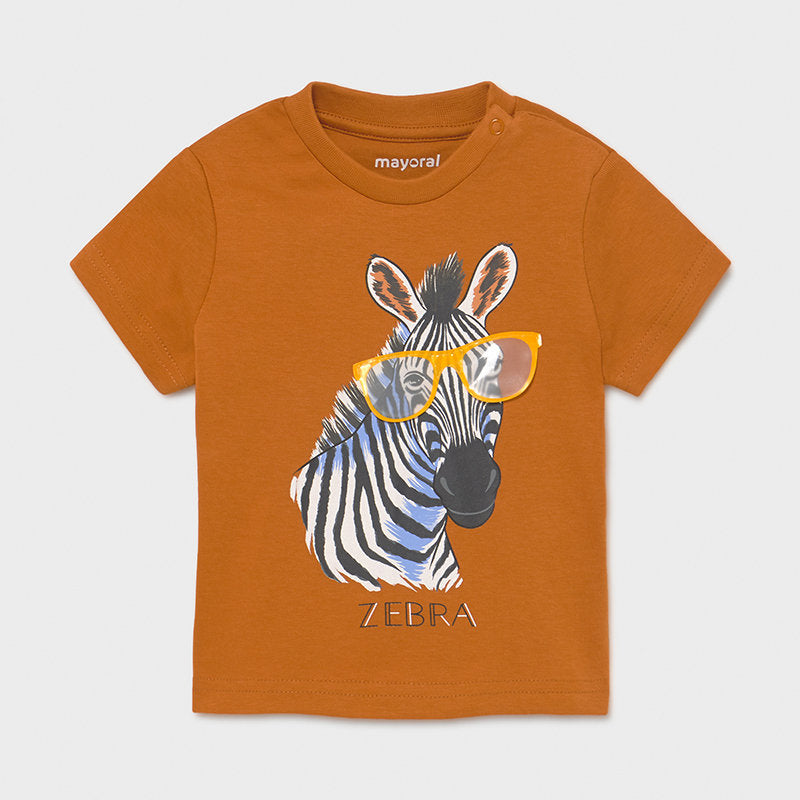 Front, Mayoral Boys Caramel Zoo T-Shirt, With interactive Glasses on zebra