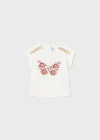 1008 S/S TShirt, Embroidered Tassel Butterfly, Dusty Pink, Gold & Natural