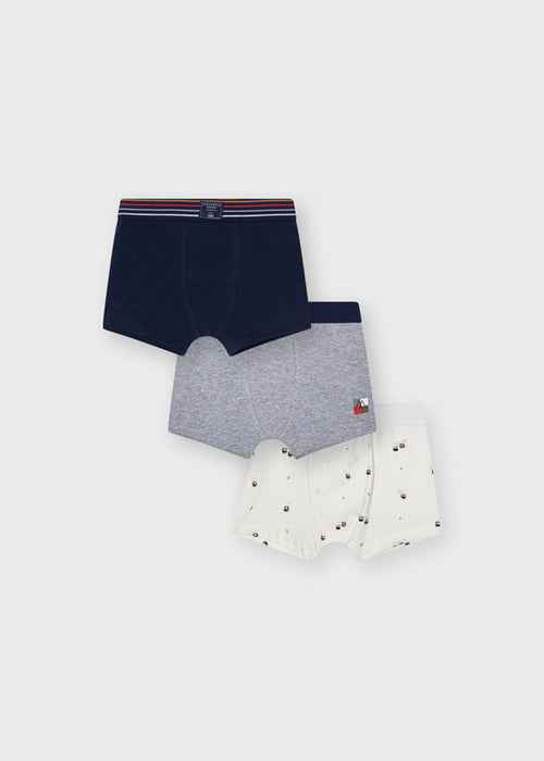 Boys Mayoral 3 PC Boxer Short Set, Navy Blue, Grey, White, Snow Themed Boxer shorts, Front