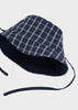 Boys Navy Reversible Hat, Plaid Detail, Adjustable Chin Strap 