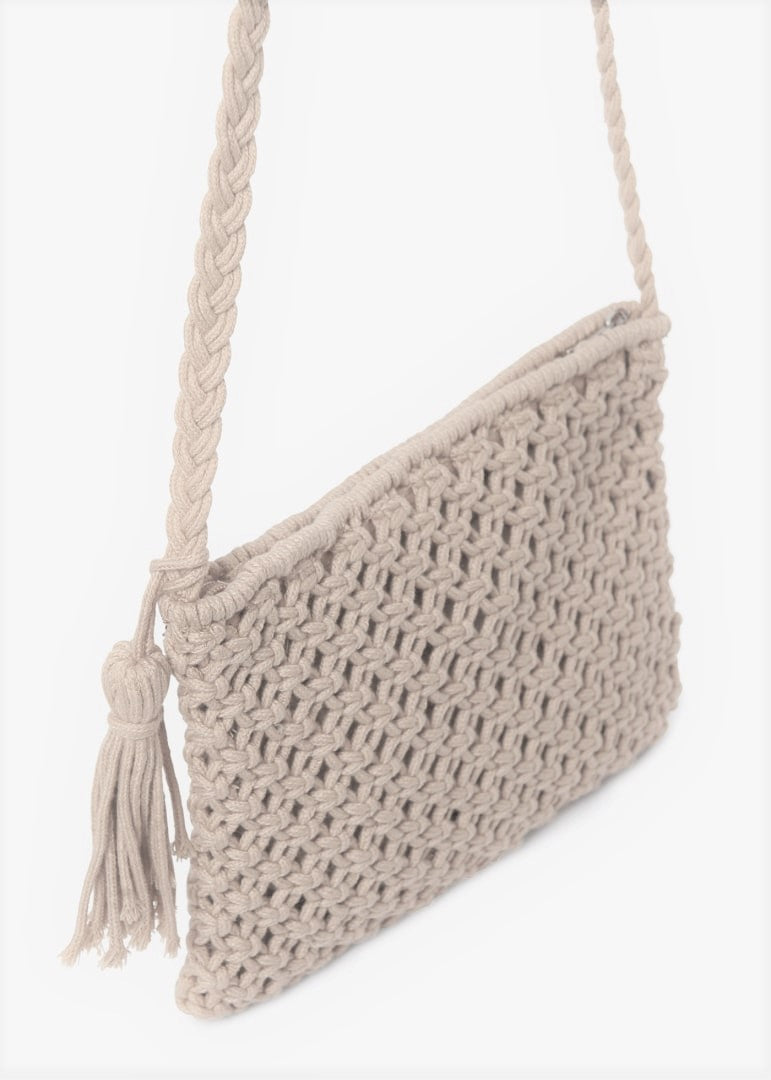 Mayoral macrame crochet crossbody purse, chickpea, back view