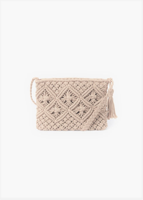 Mayoral macrame crochet crossbody purse, chickpea, front view