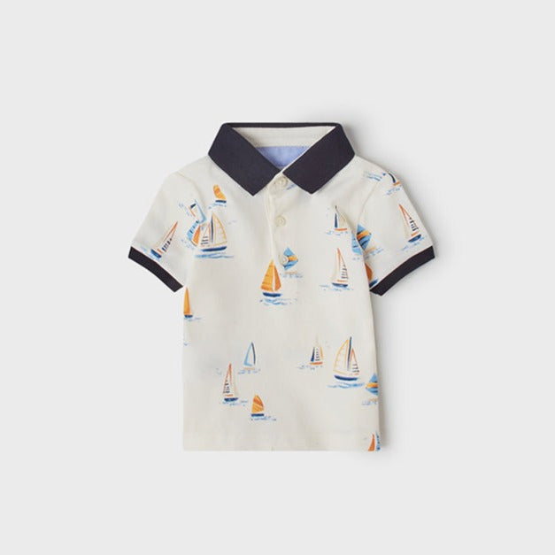 Mayoral Boys Off-White Polo Shirt, Front Central Buttons, Boat Print, Short Sleeved