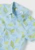 Mayoral Boys Collared Short Sleeved Light Blue Shirt, Tropical Printed Leaves, Front Central Button Fastenings