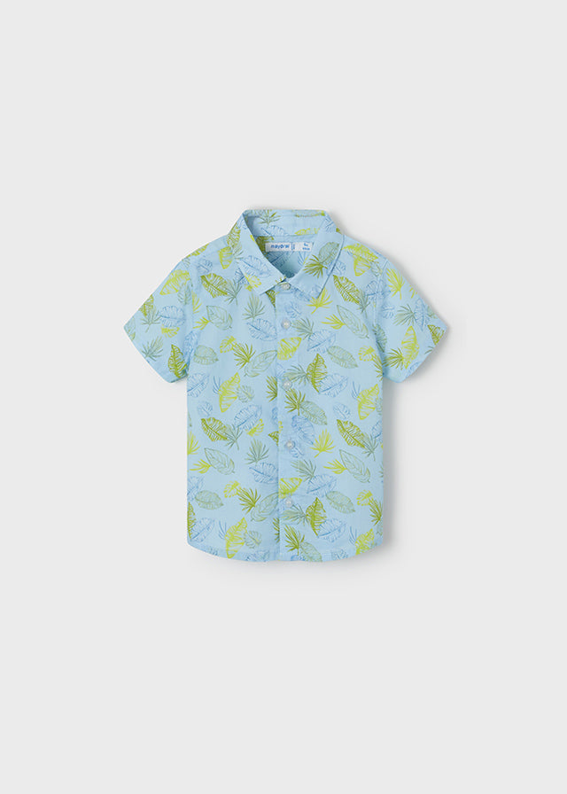 Mayoral Boys Short Sleeved Green Tropical Leaves Printed, Collared T-Shirt with Front Central Button Fastenings, Short Sleeved, Front