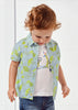 Boys Light Blue Short Sleeved Collared Shirt, Front Central Button Fastenings, Tropical Printed Leaves