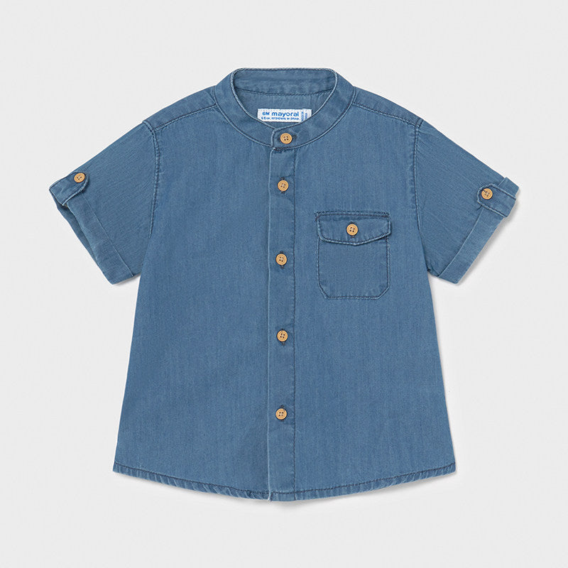 Front of boys blue denim button down shirt, short sleeves with one front pocket
