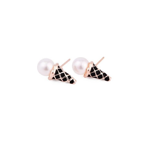 Earrings for Pierced Ears, Enamel & Faux Pearl Ice Cream Cones, Black