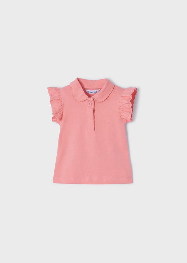 Mayoral Girls Polo Styled Shirt, Eyelet Lace Ruffled Capsleeve and Collar, Front Decorative Floral Applique, Front
