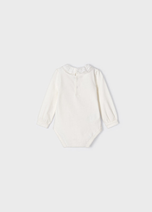 Girls Mayoral Lace Trimmed Off-White Long Sleeve Snap Bodysuit, Back Button Fastenings, Back
