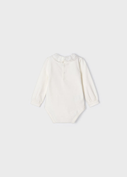 Girls Mayoral Lace Trimmed Off-White Long Sleeve Snap Bodysuit, Back Button Fastenings, Back