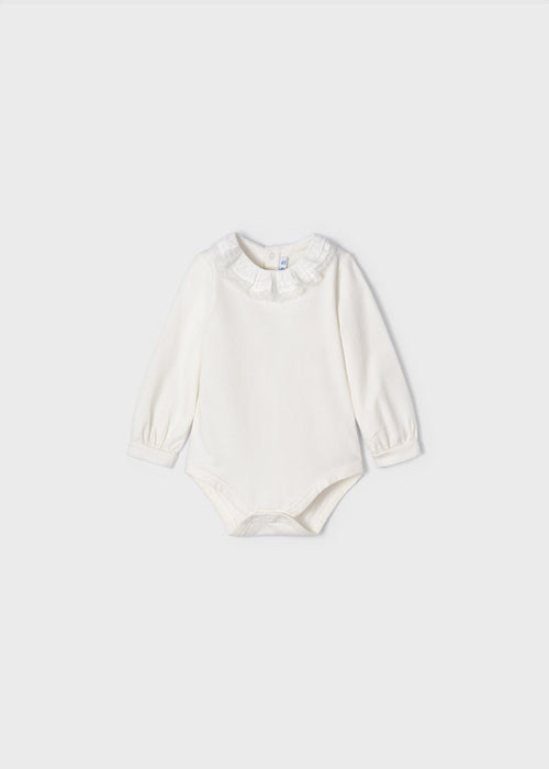 Mayoral Girls Round Neckline Laced Trim Bodysuit, Long Sleeve, Snap Bodysuit, Front