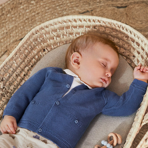 Boys Paris Blue Cardigan, Front Central Button Fastening, Long Sleeved, Round Neckline, Decorative Applique