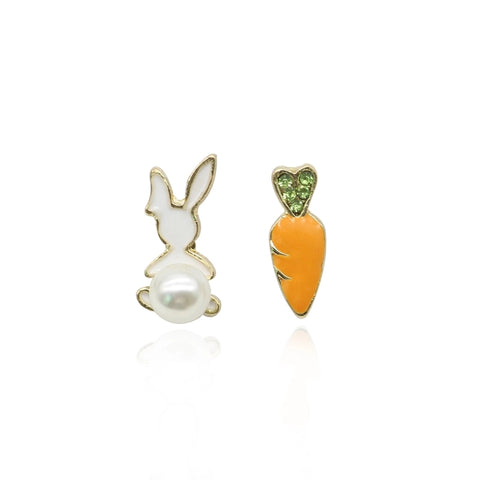 925 Sterling Silver Earrings, Bunny Pearl & Rhinestone Carrot (Pierced or Clip-On)