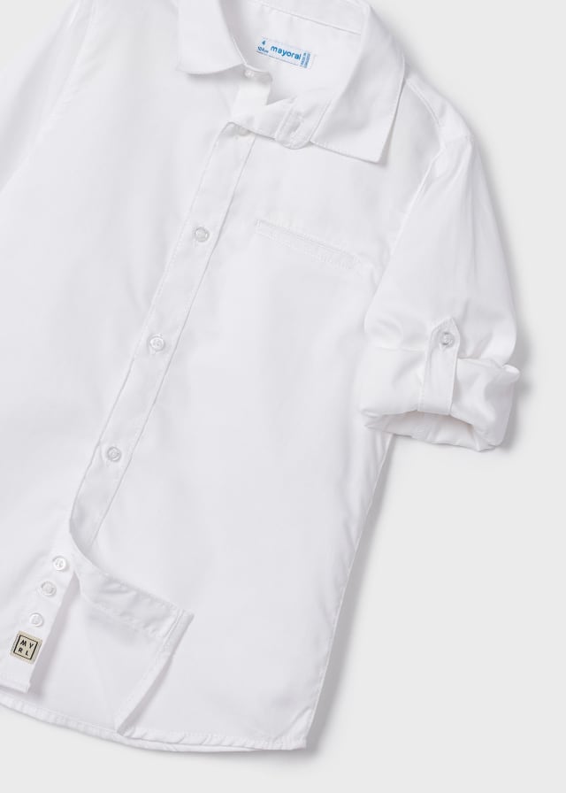 140 Mayoral Mini Boys Collared Dress Shirt, Roll Up Sleeves, White