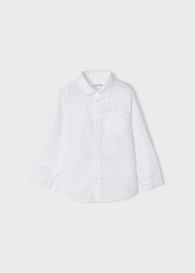 140 Mayoral Mini Boys Collared Dress Shirt, Roll Up Sleeves, White