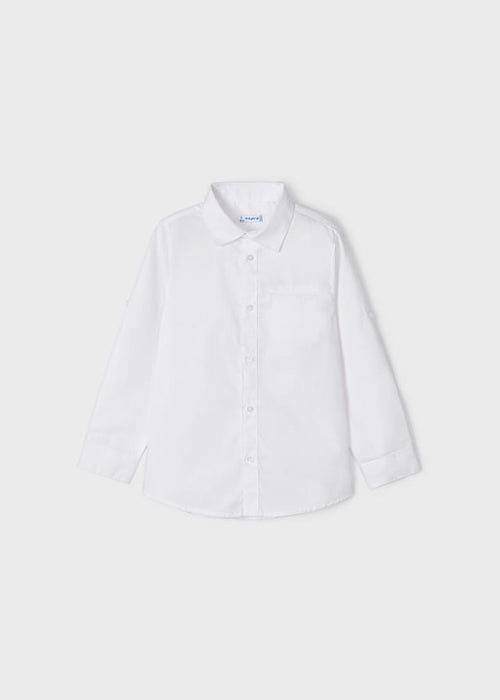 140 Mayoral Mini Boys Collared Dress Shirt, Roll Up Sleeves, White